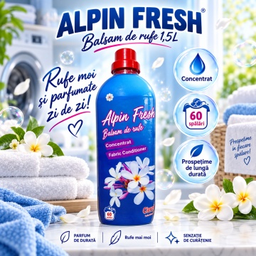 Balsam de Rufe Concentrat Cloret Alpin Fresh, Fabric Conditioner, 60 Spălări, Prospetime Alpina, Fabricat în România, 1.5L