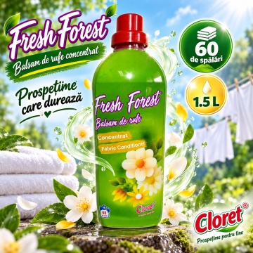 Balsam de Rufe Concentrat Cloret Fresh Forest, Fabric Conditioner, 60 Spălări, Parfum Fresh, Fabricat în România, 1.5L - Img 5