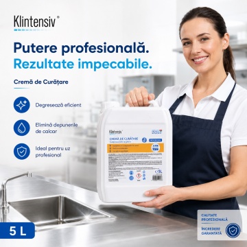 Cremă profesională de curățare Klintensiv, formulă concentrată pentru HoReCa și uz profesional, degresează, elimină calcarul, redă luciul suprafețelor, nu zgârie, canistră 5 L, 4x Stickere - Img 2