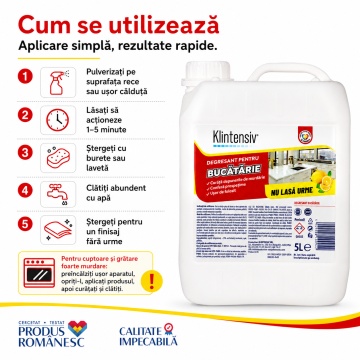 Degresant bucătărie Klintensiv, soluție profesională pentru grăsime arsă și murdărie persistentă, pentru hote, plite, cuptoare, grătare, tăvi, inox și suprafețe lavabile, 5 L, 4x Stickere - Img 4
