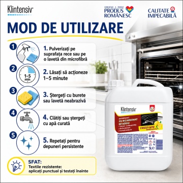 Degresant cu bicarbonat de sodiu Klintensiv, soluție profesională pentru grăsime arsă, pete și murdărie persistentă, fără parabeni, coloranți sau parfumuri artificiale, pentru bucătărie și suprafețe lavabile, 5 L, 4x Stickere - Img 4