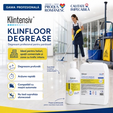 Degresant profesional pardoseli Klintensiv KLINFLOOR DEGREASE, concentrat alcalin, pentru hale industriale, ateliere, bucătării profesionale și industria alimentară, canistră 5 L, 4x Stickere - Img 2