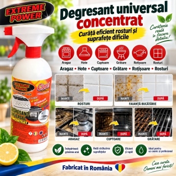 Degresant Universal Concentrat Cloret Extreme Power, pentru Aragaz, Hote, Cuptoare, Grătare, Rotisoare și Rosturi, Curățare Intensivă, Dizolva grasimea arsa, Fabricat în România, 1 L - Img 5
