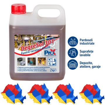 Degresant universal profesional PRO X Degresol 301, concentrat biodegradabil pentru industrie, pardoseli industriale, utilaje, motoare, piese mecanice, service-uri auto și ateliere, 2 L, 4x Stickere
