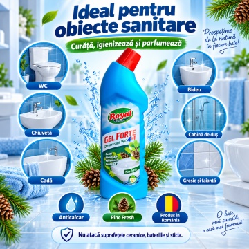 Detartrant WC 4 în 1 Royal Hygiene Gel Forte Pine Fresh, Curăță, Igienizează, Parfumează și Îndepărtează Calcarul, cu Extract Natural de Mușețel, Fabricat în România, 750 ml - Img 5