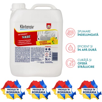 Detergent de vase Klintensiv, lichid concentrat profesional pentru spălare manuală, degresant pentru veselă, tăvi, tacâmuri, pahare și ustensile, canistră, 5 L, 4x Stickere