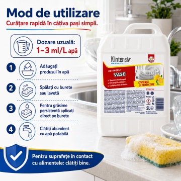 Detergent de vase Klintensiv, lichid concentrat profesional pentru spălare manuală, degresant pentru veselă, tăvi, tacâmuri, pahare și ustensile, canistră, 5 L, 4x Stickere - Img 5