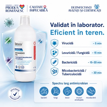 Detergent dezinfectant concentrat DEZIAMINO, TP4, pentru industria alimentară și HoReCa, bactericid, fungicid, levuricid și virucid, biodegradabil peste 90%, 1 L, 4x Stickere - Img 5
