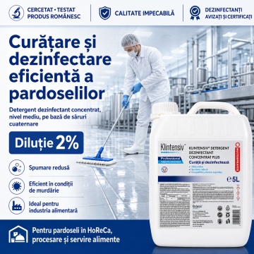 Detergent dezinfectant concentrat Klintensiv Plus, pentru HoReCa, bucătării industriale, depozite și producție alimentară, biodegradabil peste 90%, canistră 5 L, 4x Stickere - Img 2
