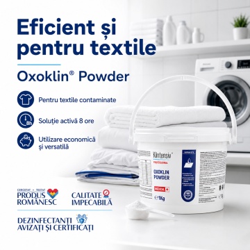 Detergent dezinfectant de nivel înalt Oxoklin Powder Klintensiv, pulbere profesională, bactericid, levuricid, fungicid, virucid, micobactericid și sporicid, pentru suprafețe, instrumentar și textile, 1 kg, 4x Stickere - Img 5