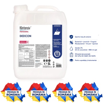 Detergent dezinfectant profesional Klintensiv Dezicon, concentrat 2%, pentru spitale, clinici, UPU, centre de triaj, instrumentar și pavimente, canistră 5 L, 4x Stickere