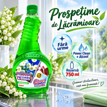 Detergent geamuri Cloret Window & Glass, Rezerva, Soluție Profesională pentru Geamuri și Sticlă, Power Clean + Alcool, Fabricat în România, Lacramioara, 750 ml - Img 5