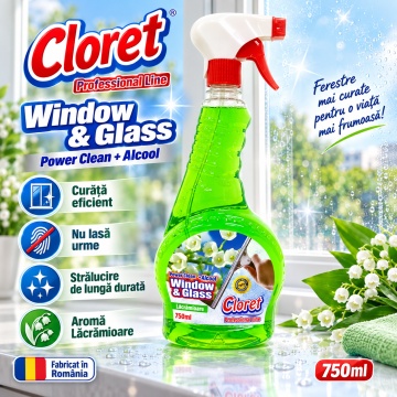Detergent geamuri Cloret Window & Glass, Soluție Profesională pentru Geamuri și Sticlă, Power Clean + Alcool, Fabricat în România, Lacramioara, 750 ml