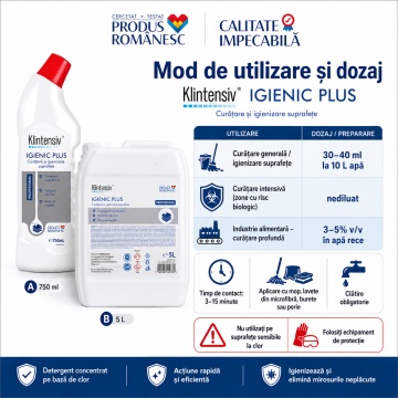 Detergent igienizant profesional Klintensiv Igienic Plus, pe bază de hipoclorit, formulă gel pentru curățare intensivă, spații alimentare, medicale, instituționale și casnice, canistră 5 L, 4x Stickere - Img 5