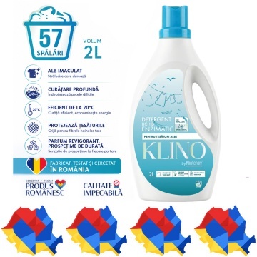 Detergent lichid enzimatic pentru rufe albe KLINO Klintensiv, eficient de la 20°C, fabricat in Romania, parfum revigorant, prospețime de durată, 57 spalari, 2 L, 4x Stickere