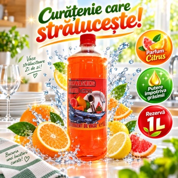 Detergent lichid pentru vase Cloret Dishwashing Liquid Citrus – aromă Citrus, rezervă 1 L - Img 5