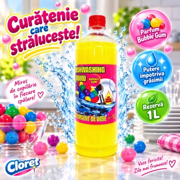 Detergent Lichid pentru Vase Cloret Dishwashing Liquid Citrus, Ideal pentru reumplere, Degresare și Curățare Eficientă, Aromă Bubble Gum, 1 L - Img 5