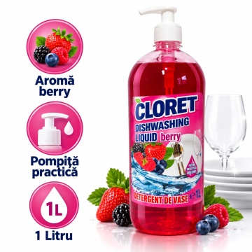 Detergent Lichid pentru Vase Cloret Dishwashing Liquid Citrus, Degresare și Curățare Eficientă, Aromă Berry, 1 L