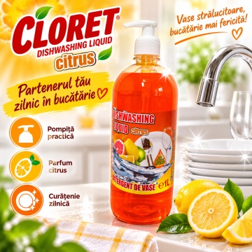 Detergent Lichid pentru Vase Cloret Dishwashing Liquid Citrus, Degresare și Curățare Eficientă, Aromă Citrice, 1 L - Img 5