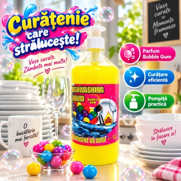 Detergent Lichid pentru Vase Cloret Dishwashing Liquid Citrus, Degresare și Curățare Eficientă, Aromă Bubble Gum, 1 L - Img 5