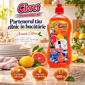 Detergent Lichid pentru Vase Cloret Dishwashing Liquid Citrus, Degresare și Curățare Eficientă, Aromă Citrice, 500 ml - Img 5