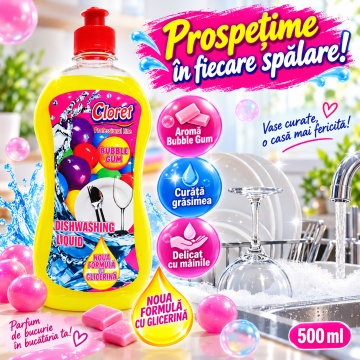 Detergent Lichid pentru Vase Cloret Dishwashing Liquid Citrus, Degresare și Curățare Eficientă, Aromă Bubble Gum, 500 ml - Img 5