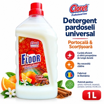 Detergent Pardoseli Cloret Portocală și Scorțișoară, Curățare Zilnică, Fără Clătire, pentru Mop și Lavetă, Parfum Cald și Citric, Fabricat în România, 1 L