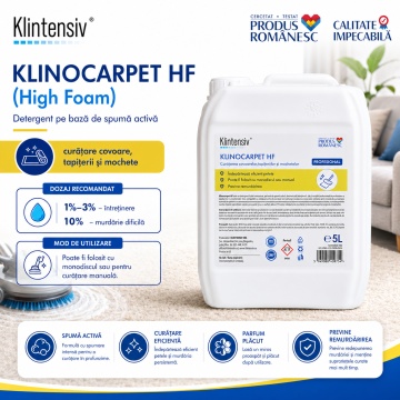 Detergent profesional covoare și tapițerii Klintensiv KLINOCARPET HF, concentrat pentru șamponare, mochetă, covoare, textile și spații cu trafic intens, canistră 5 L, 4x Stickere - Img 2