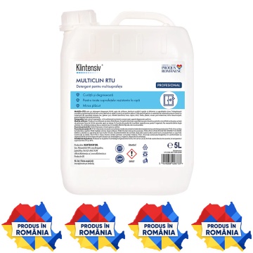 Detergent profesional multisuprafețe Klintensiv MultiClin RTU, soluție degresantă gata de utilizare, pentru suprafețe dure lavabile, birouri, hoteluri, clinici, restaurante și spații comerciale, canistră 5 L, 4x Stickere