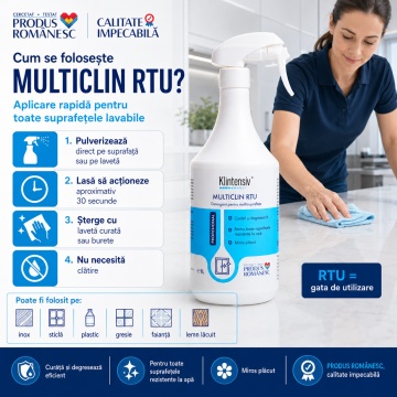 Detergent profesional multisuprafețe Klintensiv MultiClin RTU, soluție degresantă gata de utilizare, pentru suprafețe dure lavabile, birouri, hoteluri, clinici, restaurante și spații comerciale, canistră 5 L, 4x Stickere - Img 5