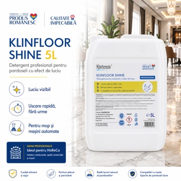 Detergent profesional pardoseli Klintensiv KLINFLOOR SHINE, concentrat cu efect de luciu, parfum remanent, spumare redusă, pentru mop și mașini de curățat pardoseli, canistră 5 L, 4x Stickere - Img 2