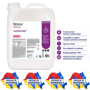 Detergent profesional tri-enzimatic pentru instrumentar medical Klinozyme Klintensiv Professional, endoscoape, instrumentar stomatologic și chirurgical, spumare redusă, biodegradabil peste 90%, 5 L, 4x Stickere