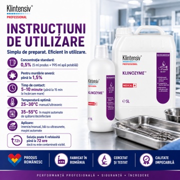 Detergent tri-enzimatic pentru instrumentar medical Klinozyme Klintensiv Professional, concentrat, cu protează, amilază și lipază, pH neutru, pentru curățare manuală, ultrasonică și automată, 1 L, 4x Stickere - Img 4