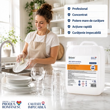 Detergent vase manual Klintensiv PRO DISH, profesional concentrat, degresant puternic, spumare abundentă, cu glicerină, blând cu pielea, pentru uz casnic și profesional, 5 L, 4x Stickere - Img 2
