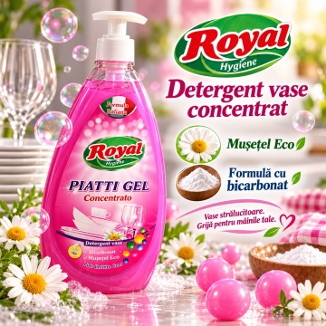 Detergent Vase Profesional Concentrat Royal Hygiene Piatti Gel Concentrato Bubble Gum, cu Bicarbonat și Mușețel, Formulă Eco Italiană, Fabricat în România, 800 ml - Img 5
