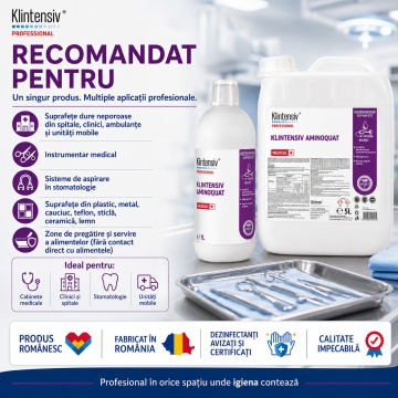 Dezinfectant concentrat Klintensiv Aminoquat Professional, detergent dezinfectant pentru suprafețe, instrumentar medical și sisteme de aspirație, bactericid, virucid, fungicid, micobactericid și tuberculocid, 1 L, 4x Stickere - Img 4