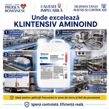Dezinfectant detergent concentrat Klintensiv Aminoind, pentru HoReCa, producție alimentară, depozite și echipamente, TP4, biodegradabil 90%, canistră 5 L, 4x Stickere - Img 5