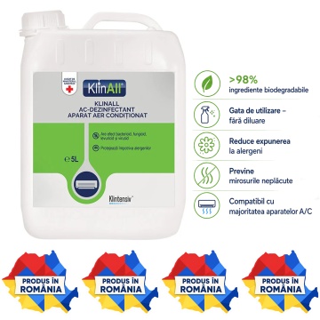 Dezinfectant pentru Aer Condiționat KlinAll Klintensiv, soluție gata de utilizare, bactericidă, fungicidă, levuricidă, micobactericidă și virucidă, pentru unități interioare A/C, 5 L, 4x Stickere auto