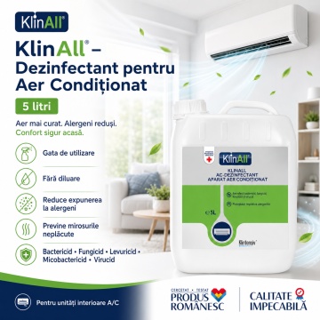 Dezinfectant pentru Aer Condiționat KlinAll Klintensiv, soluție gata de utilizare, bactericidă, fungicidă, levuricidă, micobactericidă și virucidă, pentru unități interioare A/C, 5 L, 4x Stickere auto - Img 2