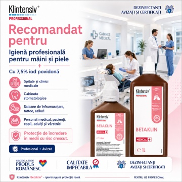 Dezinfectant profesional mâini și piele Betaklin Klintensiv, iod povidonă 7,5%, pentru spitale, clinici, cabinete medicale, saloane și reumplere dozatoare, aviz biocid, 1 L, 4x Stickere - Img 4