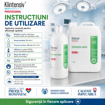 Dezinfectant profesional pentru suprafețe prin nebulizare Desogen Aero Klintensiv, ceață uscată, gata de utilizare, bactericid, levuricid, fungicid, virucid, micobactericid, tuberculocid și sporicid, 1 L, 4x Stickere - Img 4
