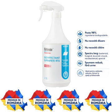 Dezinfectant Suprafețe Klintensiv RTU, soluție profesională gata de utilizare, pentru suprafețe dure, pavimente, spitale, clinici, HoReCa și firme de curățenie, 1 L, 4x Stickere