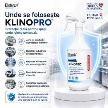 Dezinfectant suprafețe și pavimente Klinopro, soluție profesională pentru industria alimentară, bactericid, fungicid și virucid în 5 minute, peste 98% ingrediente biodegradabile, 1 L, 4x Stickere - Img 4