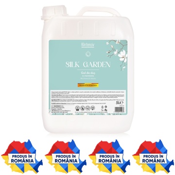 Gel de duș Klintensiv Silk Garden, formulă profesională cu parfum elegant, efect emolient și protector, peste 94% ingrediente biodegradabile, ideal pentru hoteluri, pensiuni, firme, spații publice și reumplere, bidon 5 L, 4x Stickere