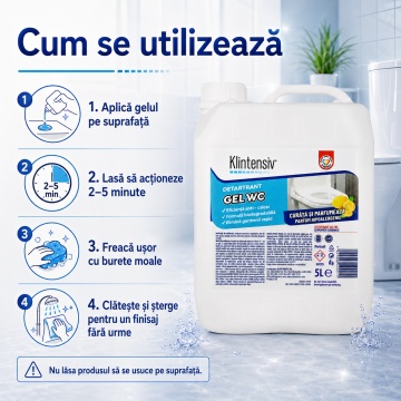 Gel detartrant WC și suprafețe ceramice Klintensiv, anticalcar profesional, textură gel, aderență pe suprafețe verticale, pentru baie, gresie, faianță, ceramică, cabine duș și inox rezistent, 5 L, 4x Stickere - Img 5