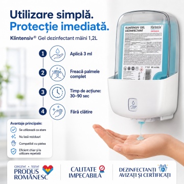 Gel dezinfectant mâini Klintensiv, cartuș 1,2 L, 85% etanol, dezinfectare igienică și chirurgicală, bactericid, fungicid, levuricid, virucid, testat dermatologic, 4x Stickere - Img 5