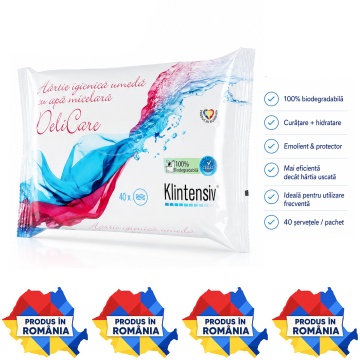 Hârtie Igienică Umedă Klintensiv, biodegradabilă 100%, cu apă micelară, argan și acid lactic, pentru igienă intimă și curățare delicată, 40 șervețele, 4x Stickere