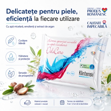 Hârtie Igienică Umedă Klintensiv, biodegradabilă 100%, cu apă micelară, argan și acid lactic, pentru igienă intimă și curățare delicată, 40 șervețele, 4x Stickere - Img 5