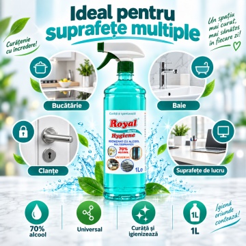 Igienizant Universal cu Alcool 70% Royal Hygiene Soluție Multisuprafețe pentru Curățare și Igienizare, Utilizare Casnică și Profesională, 1 L - Img 5