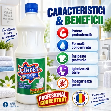 Înălbitor Clasic Cloret, Profesional Concentrat pentru Rufe Albe și Igienizarea Băii, Îndepărtează Petele și Murdăria, Curățare Intensivă, 1 L - Img 5